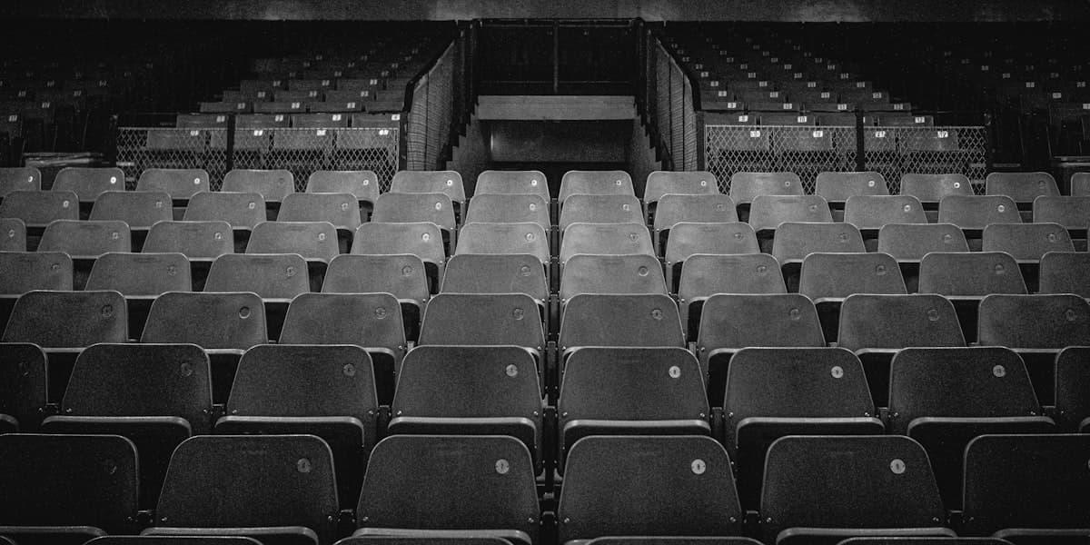 Rows of empty seats in a dark, dimly lit auditorium