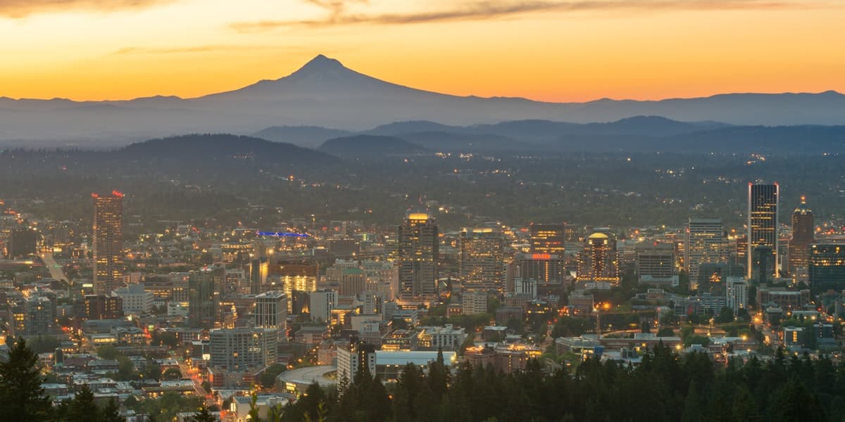 Portland cityscape with Mt. Hood at sunset