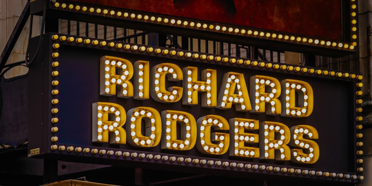 The illuminated marquee of the Richard Rodgers Theatre in New York at night